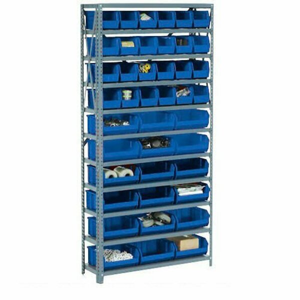 Global Industrial Steel Open Shelving with 15 Blue Plastic Stacking Bins 6 Shelves, 36x12x39 603242BL